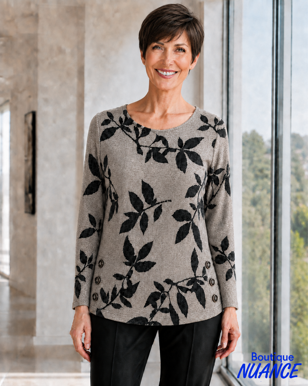 Buttoned Side Slit Top with Foliage Print - SoftWorks #102356