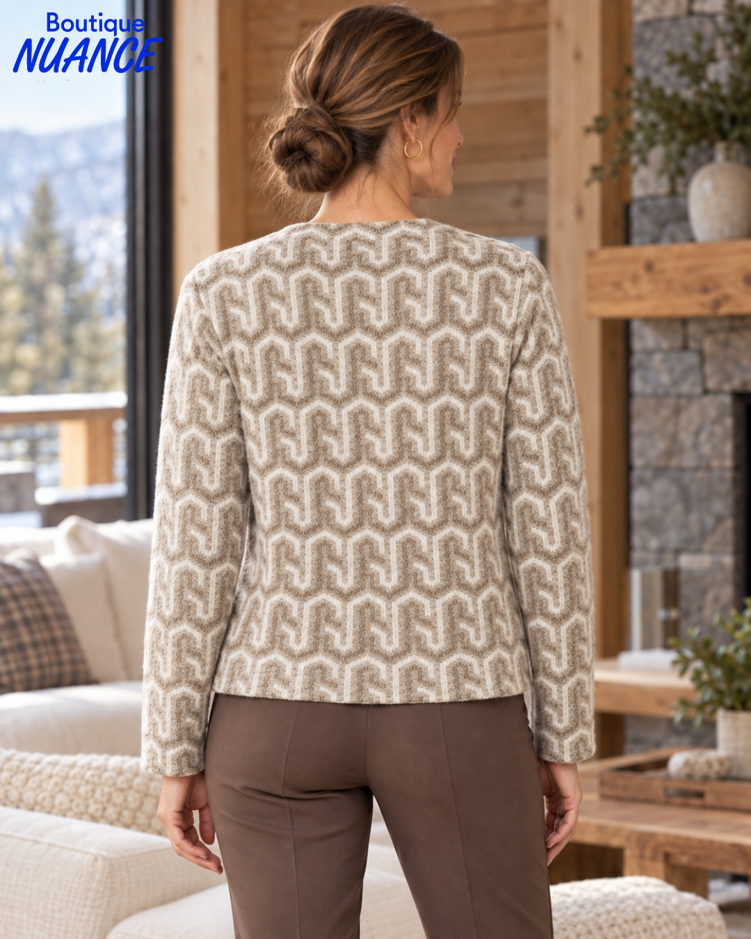 Veste courte à boutons et imprimé abstrait ton sur ton – SoftWorks #102968