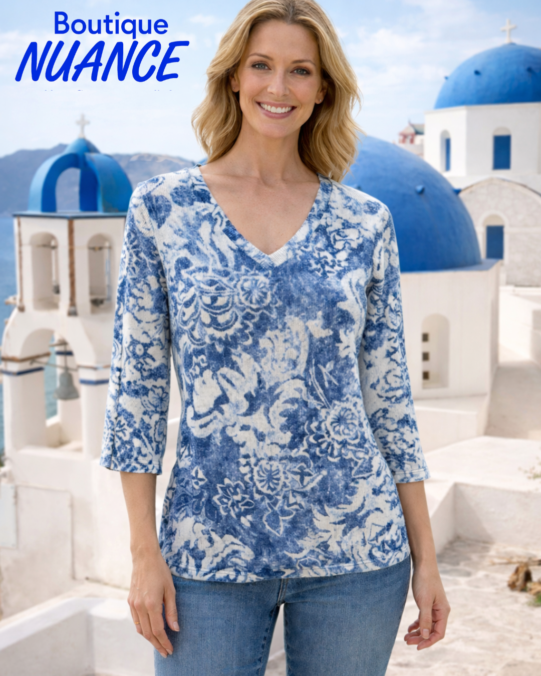 V-neck top with abstract floral print – Modes Crystal #16-10208