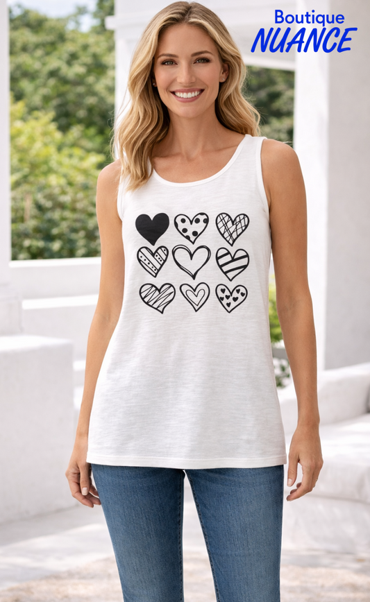 Camisole fluide à imprimé cœurs graphiques et détails patchwork – Modes Crystal #16-11385