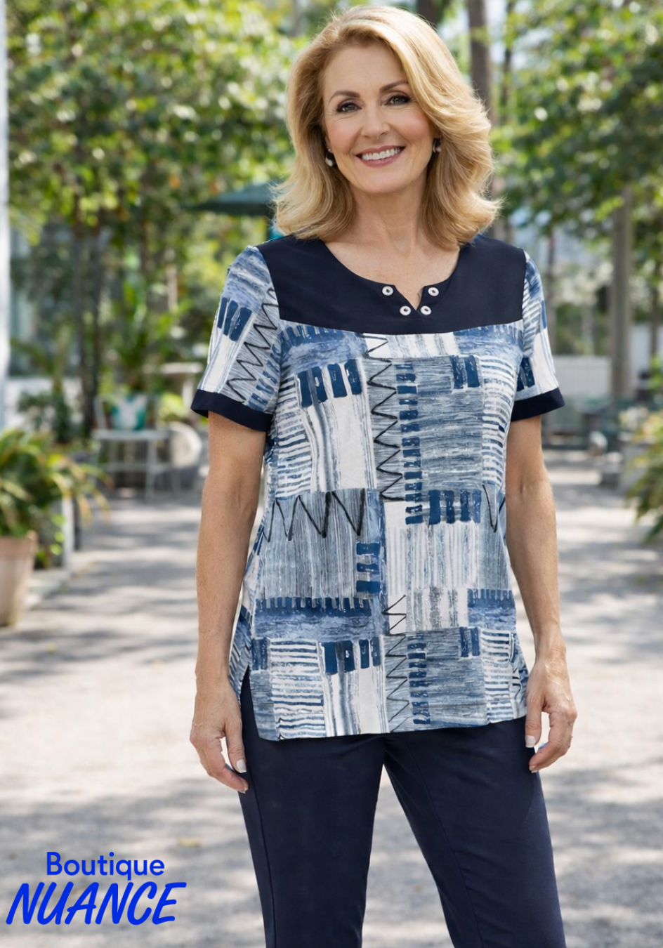 Refined Abstract Print Round V-Neck Fluid Top – Crystal Fashions #16-11412