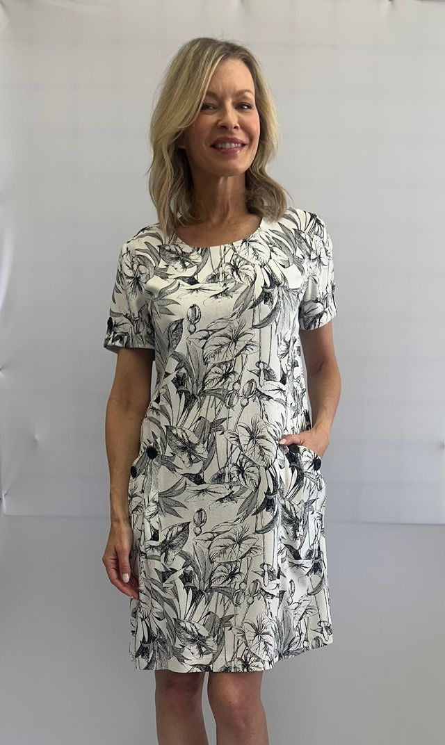Robe droite à imprimé feuillage raffiné et détails boutonnés – SoftWorks #207017