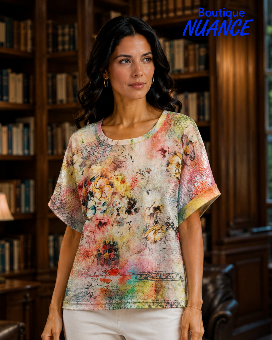 Bright floral print top with textured openwork details – Beta’s Choice #220139