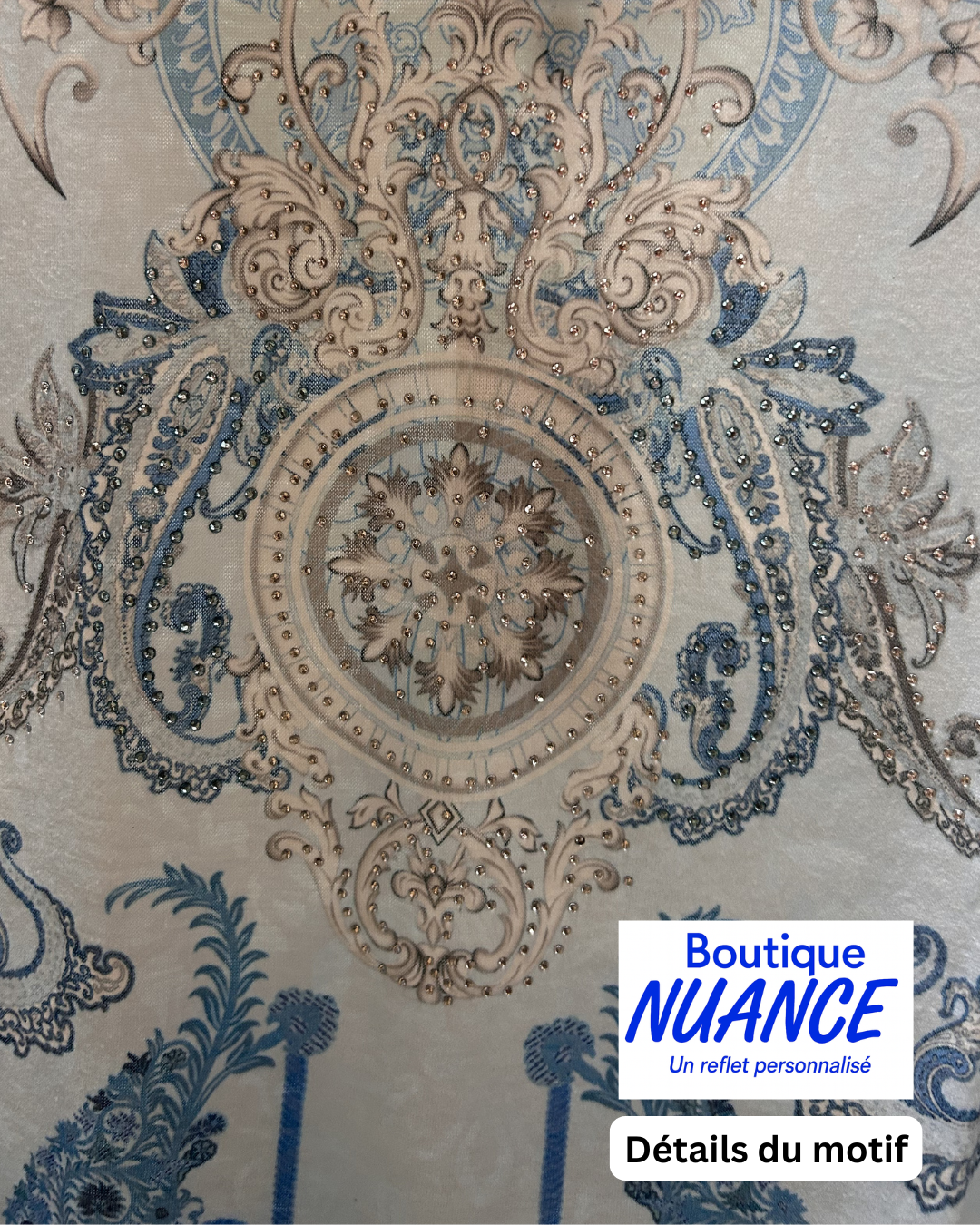 Refined Ornamental Print Top and Bright Blue Hues – Beta’s Choice #220155