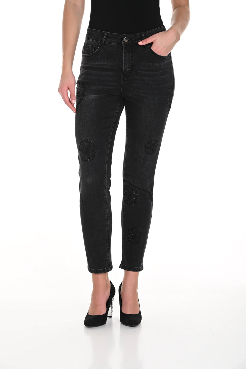 Pantalon en denim noir à strass (6)