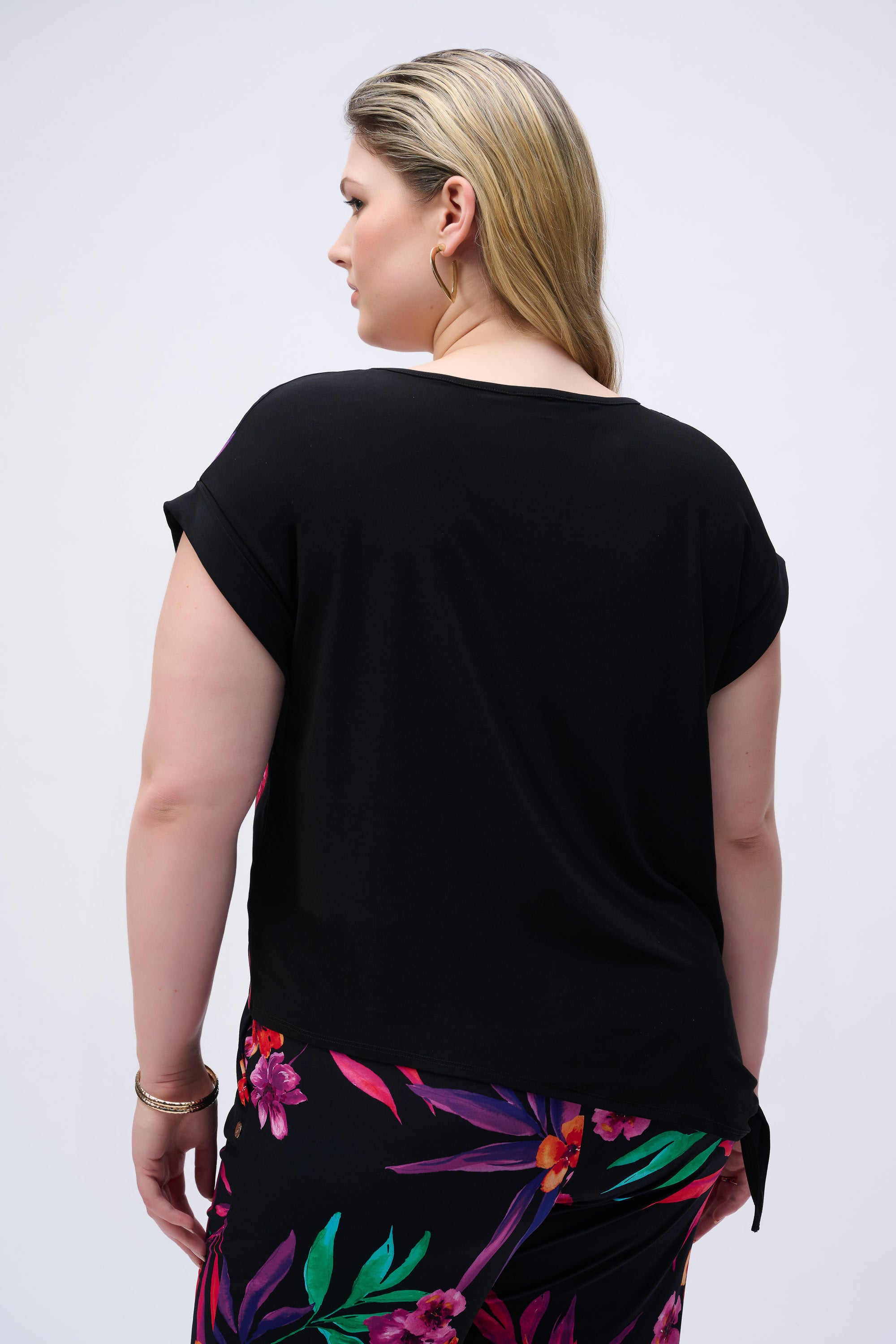 Boxy top in silky knit and tropical print georgette, by Joseph Ribkoff #251214