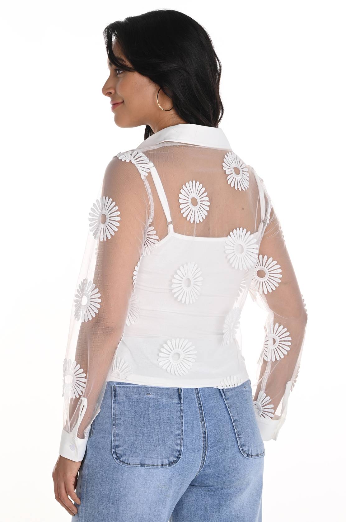 Off-white sheer blouse with embroidered flowers by Frank Lyman #256765U