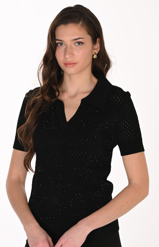 Haut polo en tricot ajouré à détails scintillants – Frank Lyman #263732