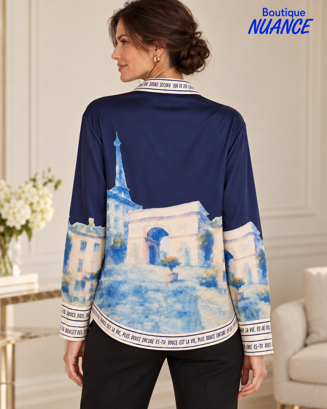 Parisian landscape print satin blouse – Frank Lyman #264814