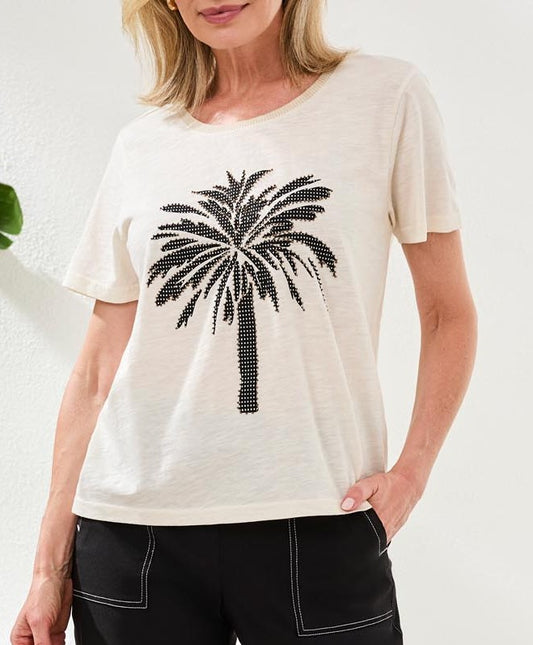 T-shirt à encolure ronde et motif palmier texturé – Tribal #3073O-8464