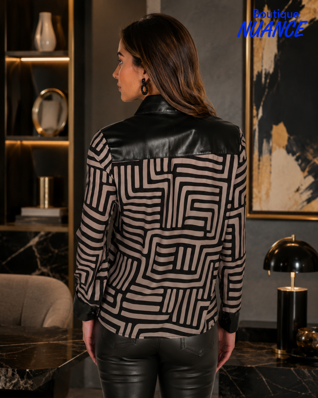 Geometric print blouse with faux leather details - Frank Lyman #263715