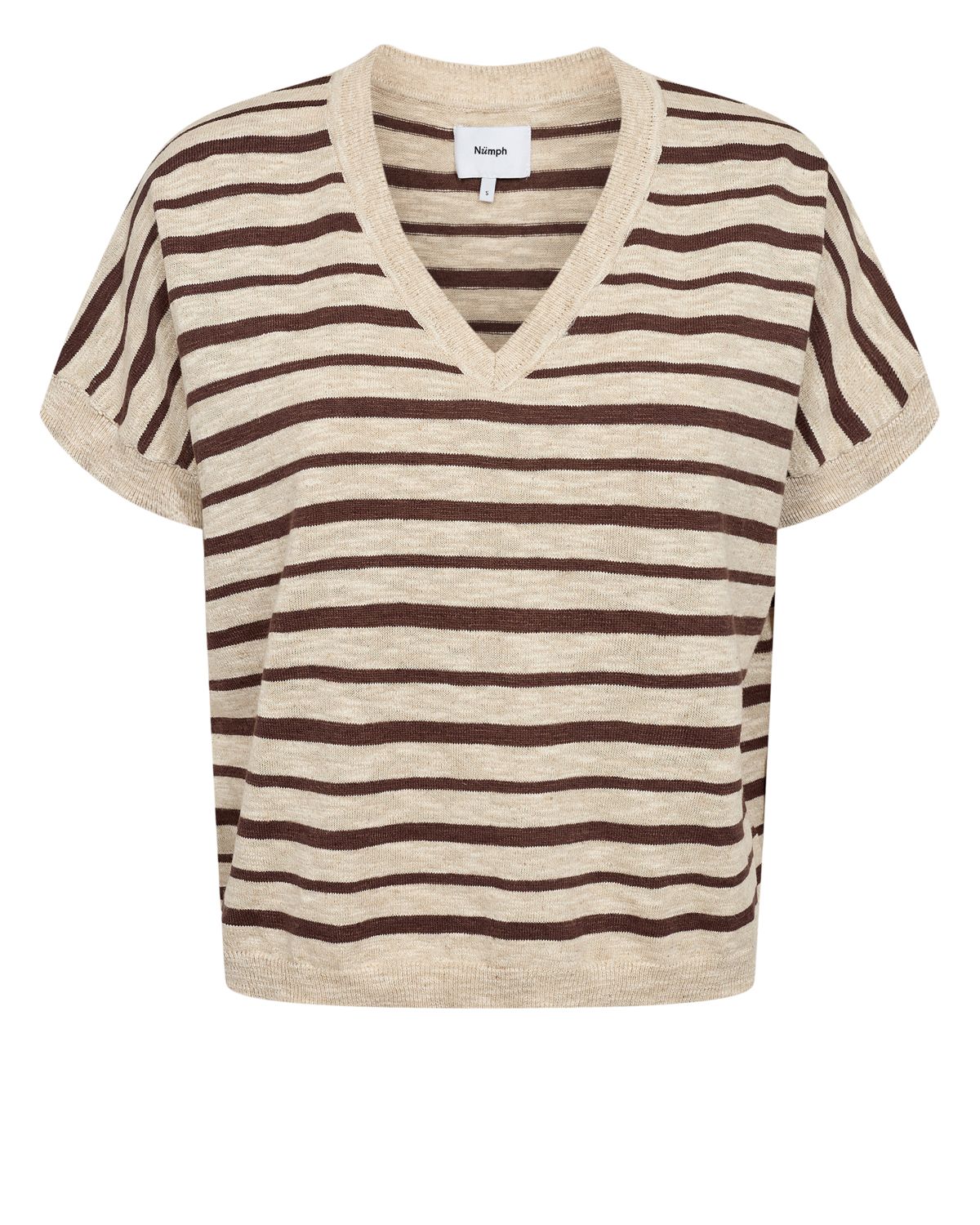 Chandail beige à rayures noires, manches courtes, col V, par NÜMPH #704064