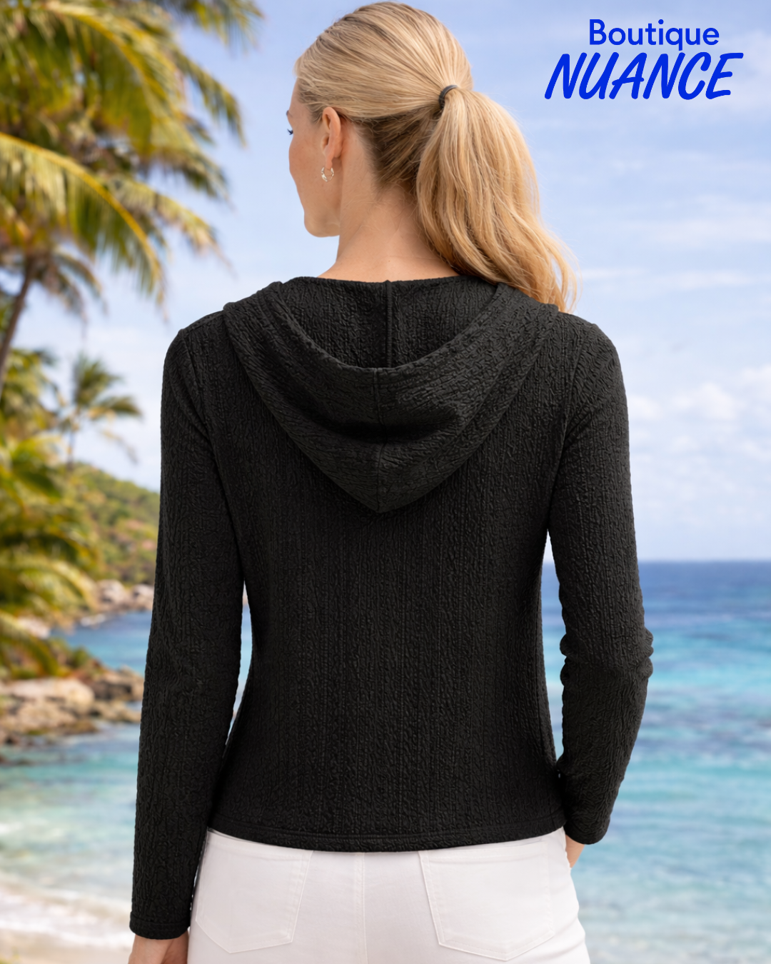 Veste à capuchon zippée en tricot texturé et coupe droite – ISCA #7043