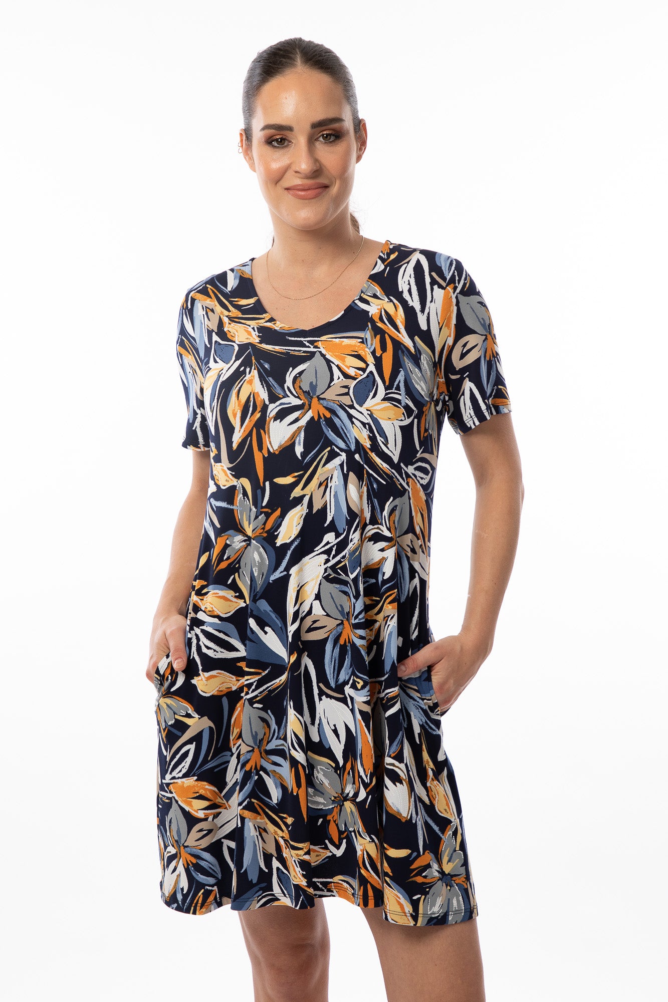 Short-sleeved dress with flower and leaf patterns on a navy background, Bali #8379