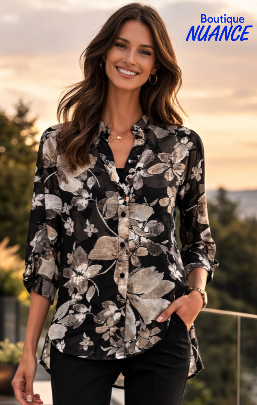 Chemisier en filet à col mao et manches 3/4 à imprimé floral délicat – Bali #8874