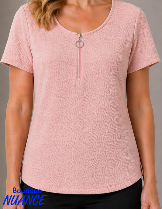Textured high neck top with zip and metal ring – Bali #8823