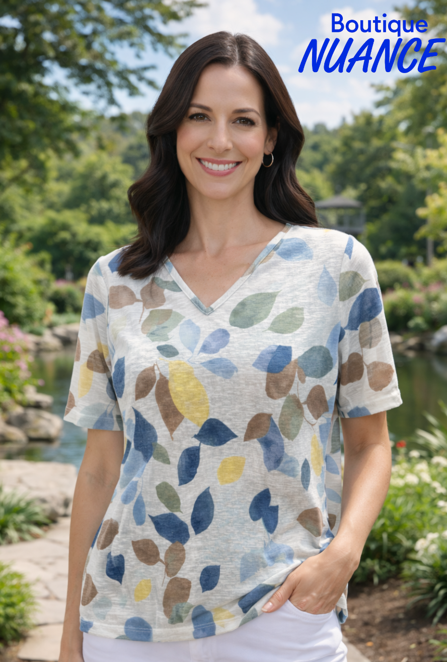 Fluid V-neck T-shirt with foliage print – ISCA #8857-5208