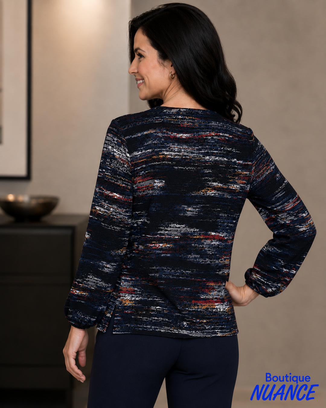Haut en tricot imprimé à encolure en V et manches bouffantes - ISCA #8860-6369