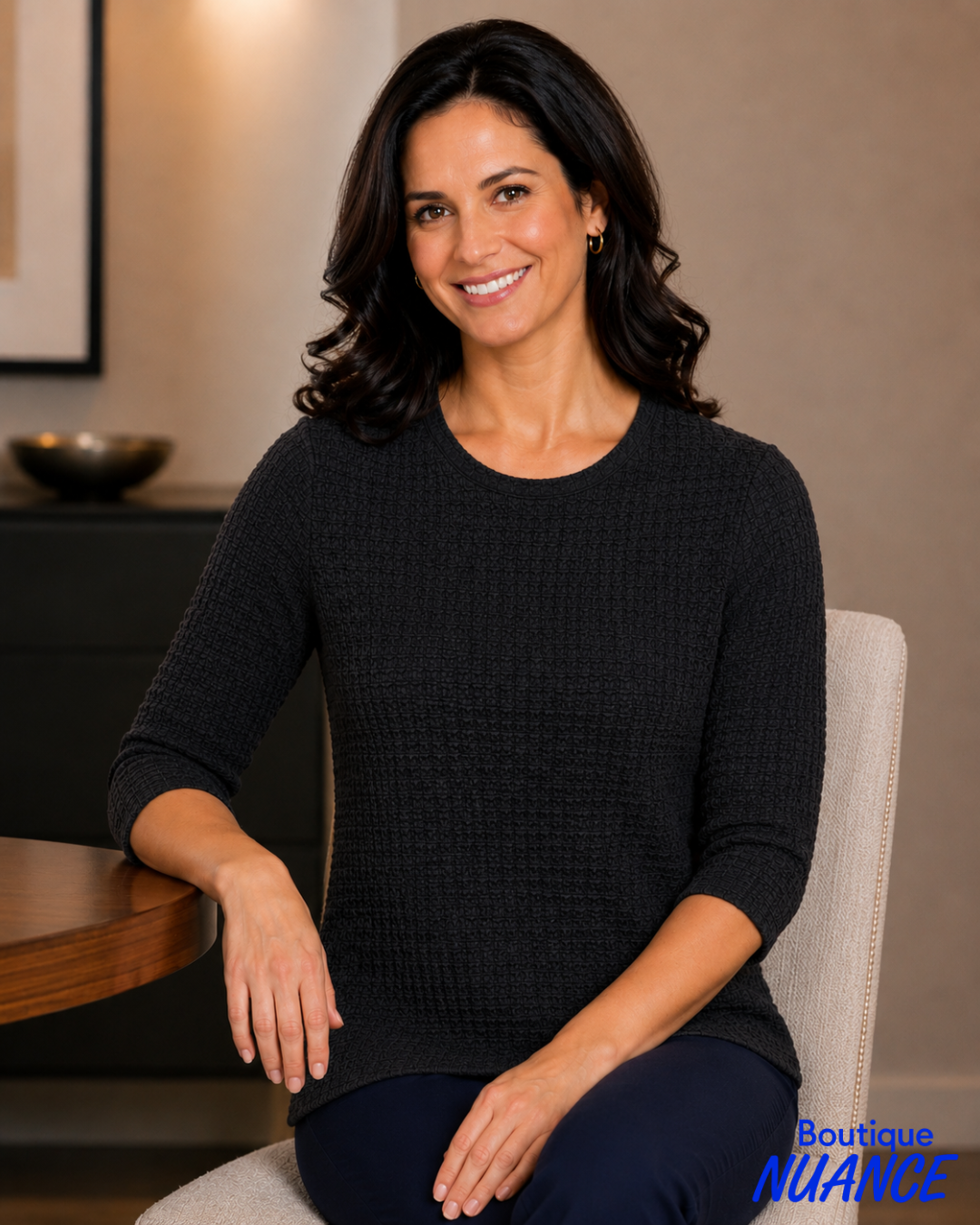 Textured Waffle-Knit 3/4 Sleeve Top - ISCA #8876-6341