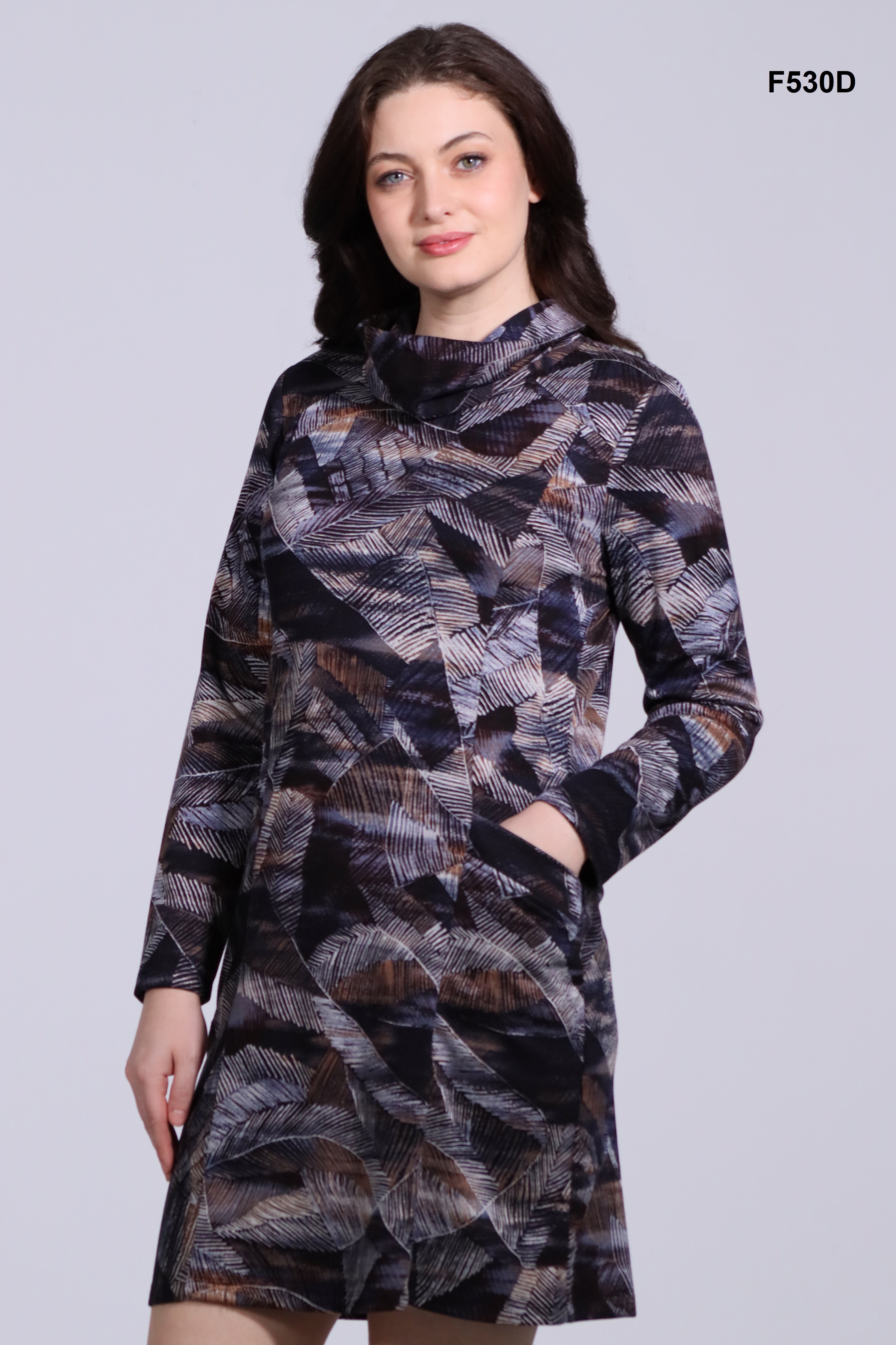 Long sleeve dress with flared high neck, by Dévia #F530D