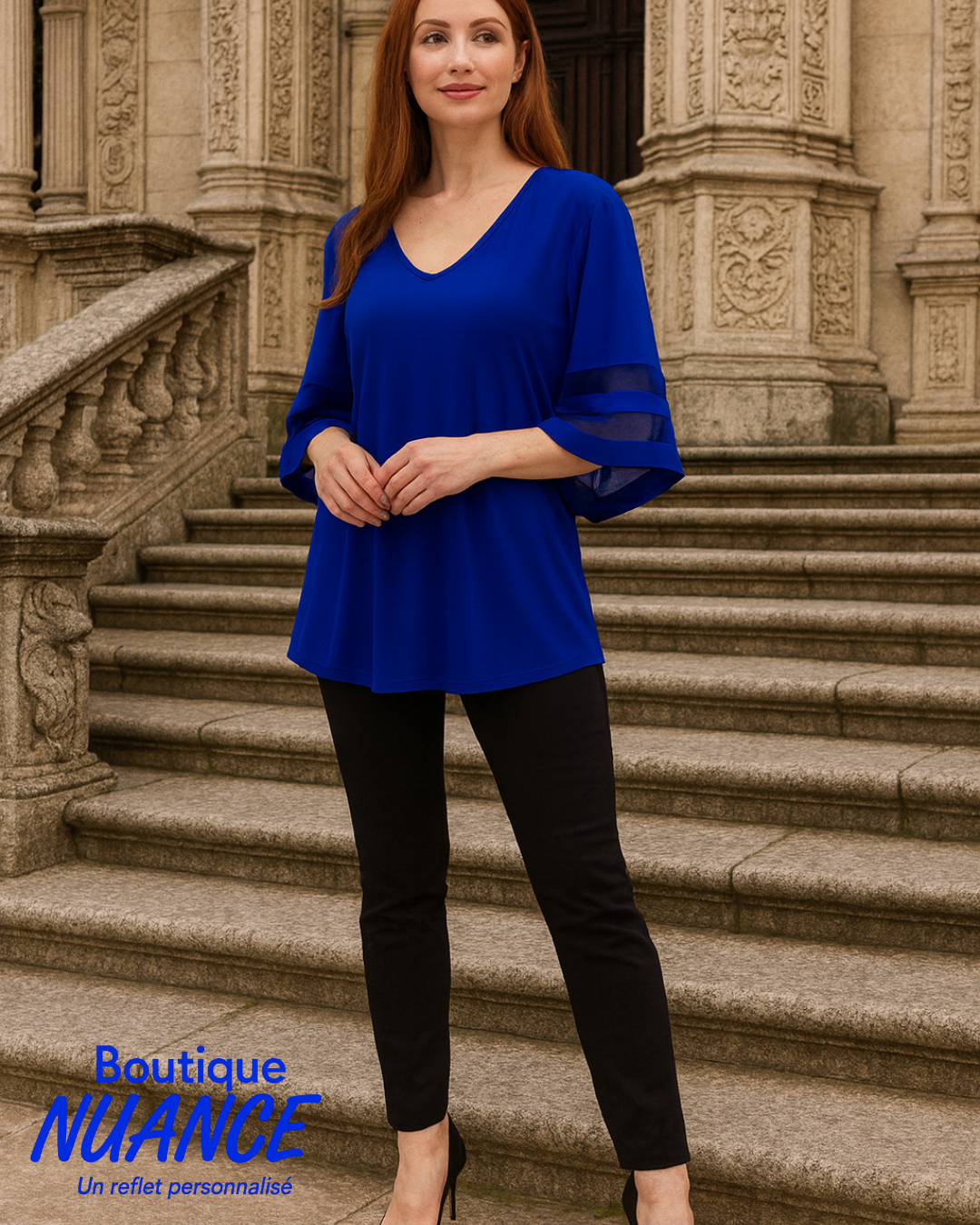Royal Radiance – Joseph Ribkoff Sheer Sleeve Top #213393