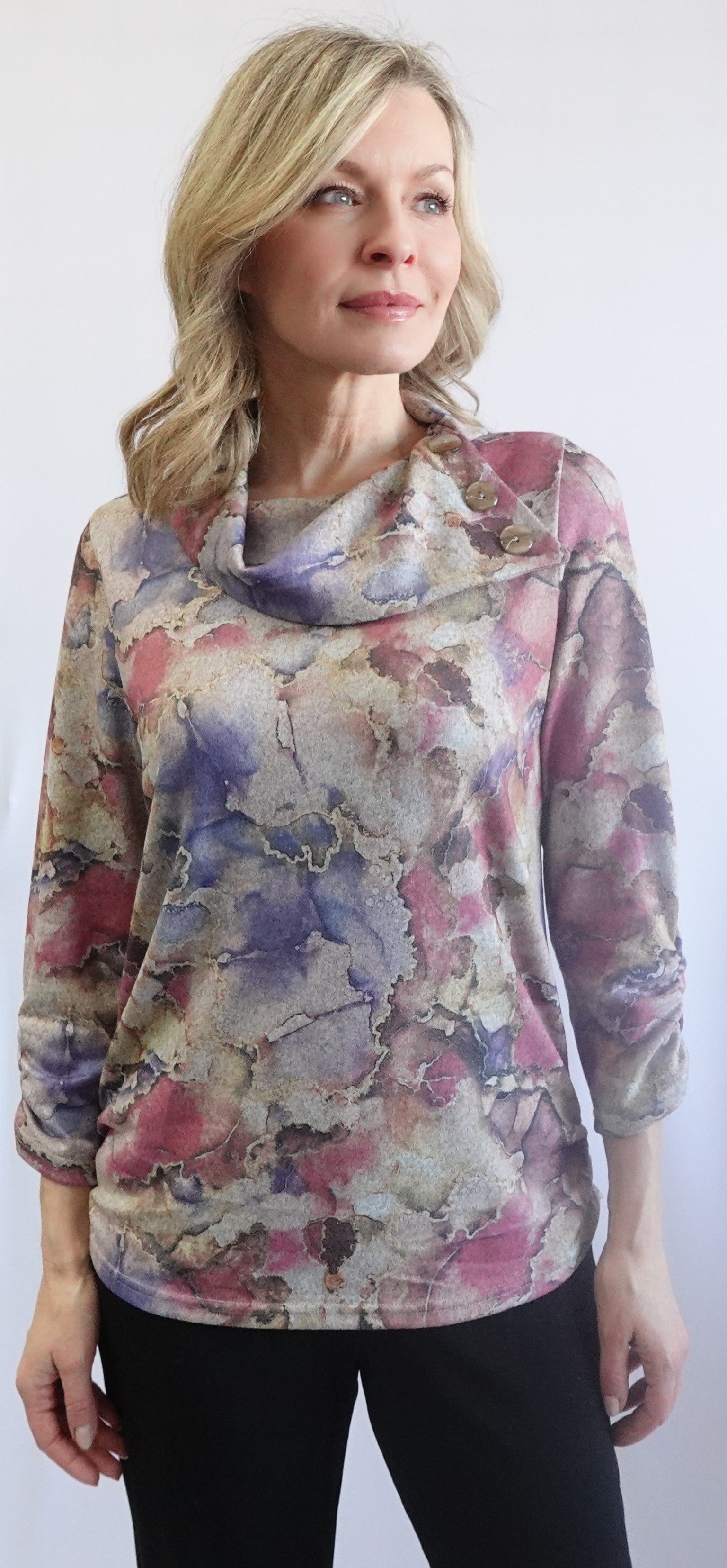 3/4 Sleeve Split Cowl Neck Button-Down Sweater by SoftWorks #102224