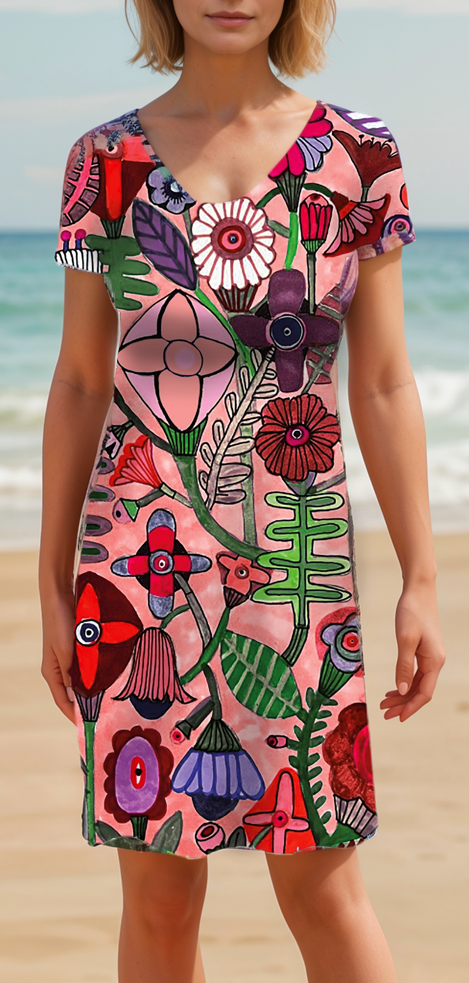 Robe à manches courtes et col en V, motifs floraux, "MARJEY", par Miss Versa #R44251