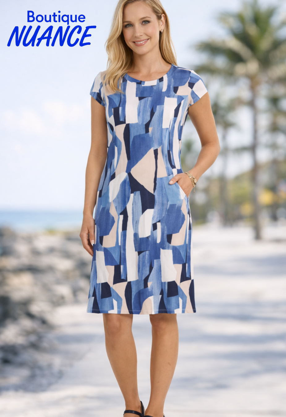 Straight dress with a bright abstract print and rounded pockets – Dévia #S543D