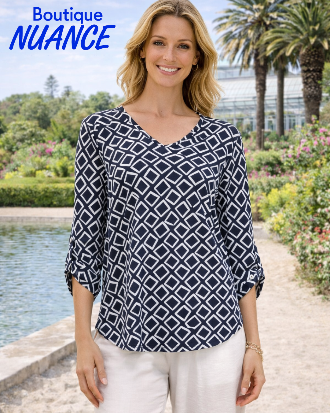 Geometric V-Neck Top with Buttoned 3/4 Sleeves – Dévia #S554T