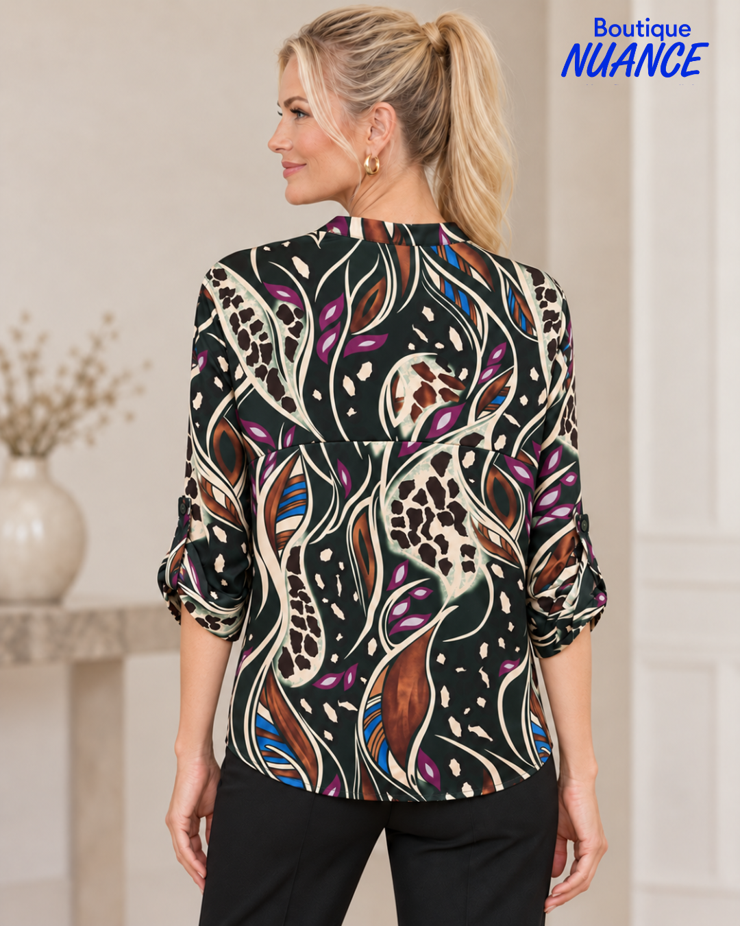 Chemisier satiné à col mao et imprimé abstrait – Tango Mango #T-7034
