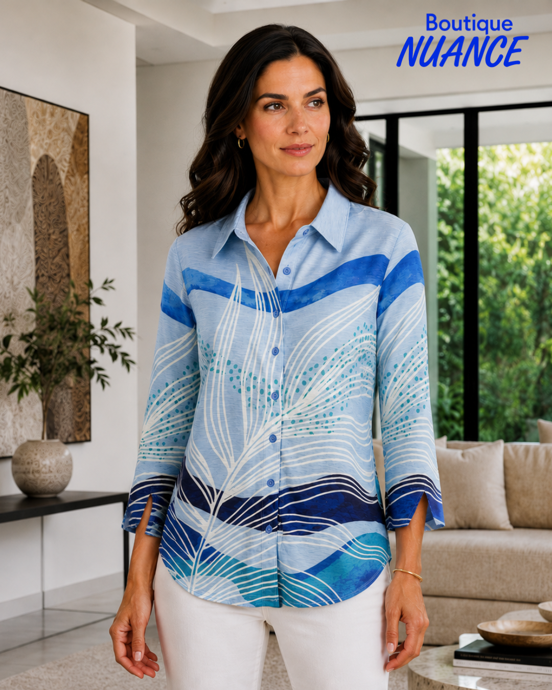 Blouse with foliage print and wave pattern – Variations #V-4400