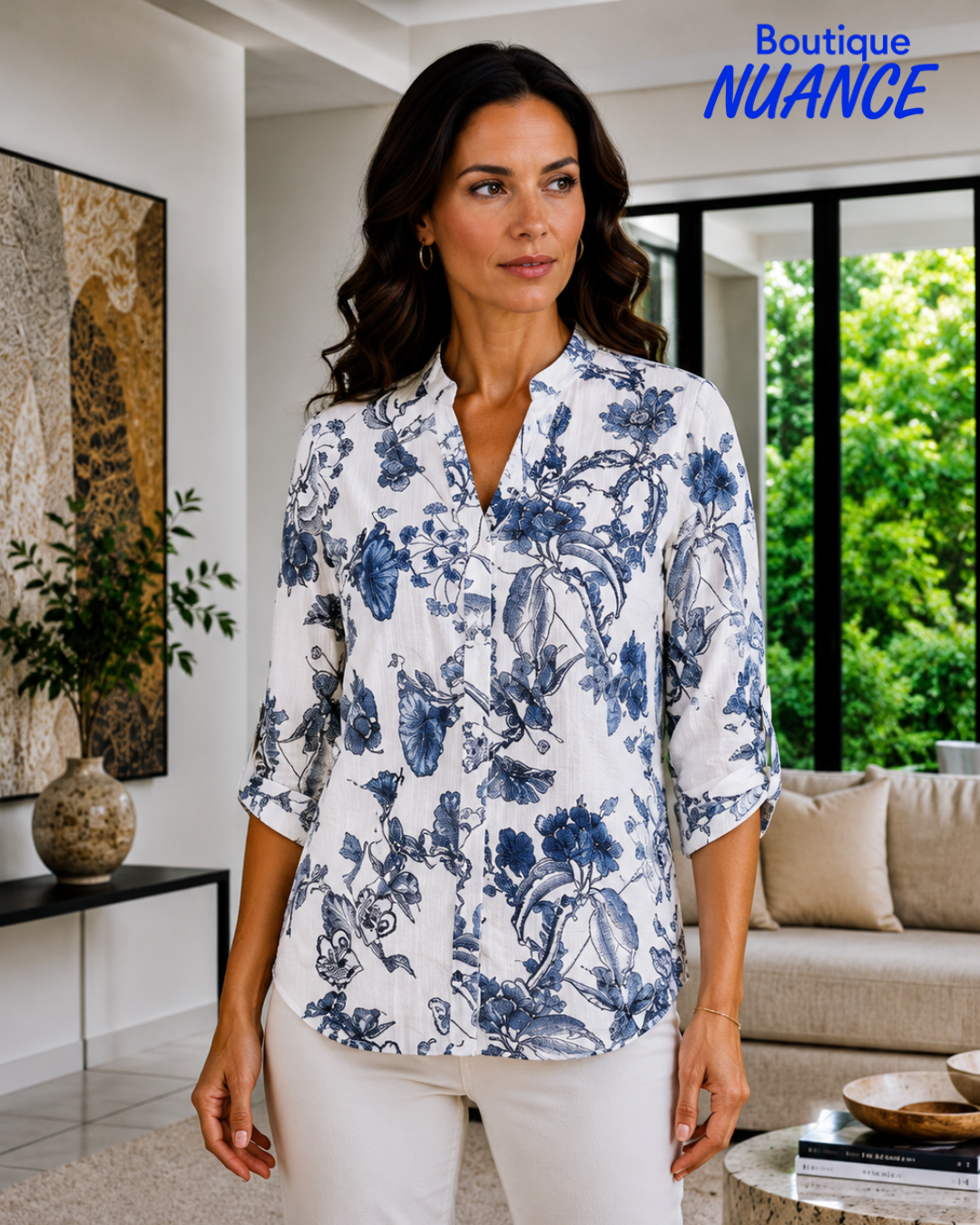 Royal Blue Floral Print V-Neck Blouse – Variations #V-4418