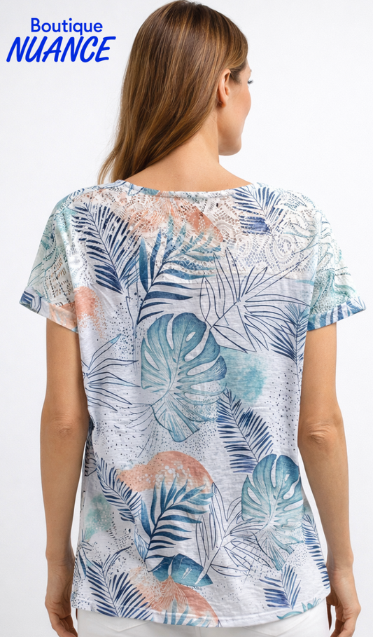 Haut à encolure en V à imprimé feuillage estival et détails de dentelle – Variations #V4328