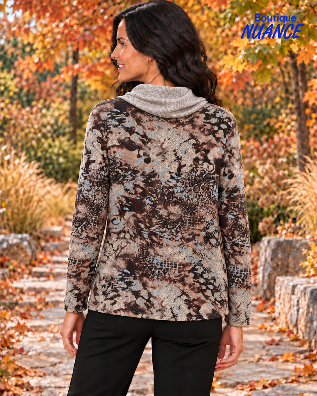 Draped neck top with contemporary print – Variations #V7133