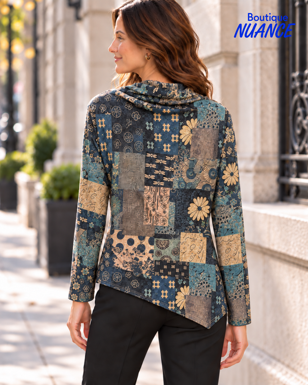 Haut à col drapé et imprimé patchwork ornemental – Variations #V7154