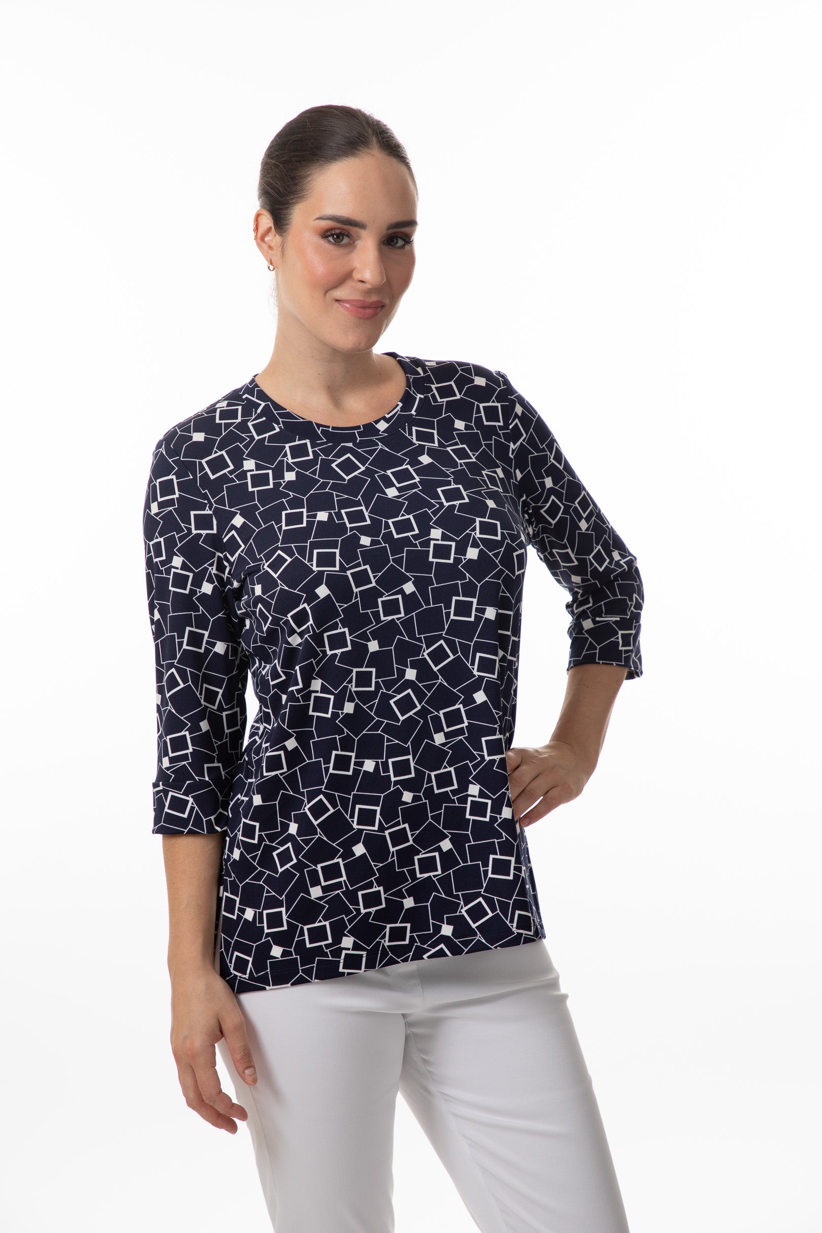 Round Neck 3/4 Sleeve Sweater with Geometric Prints by Bali #8663