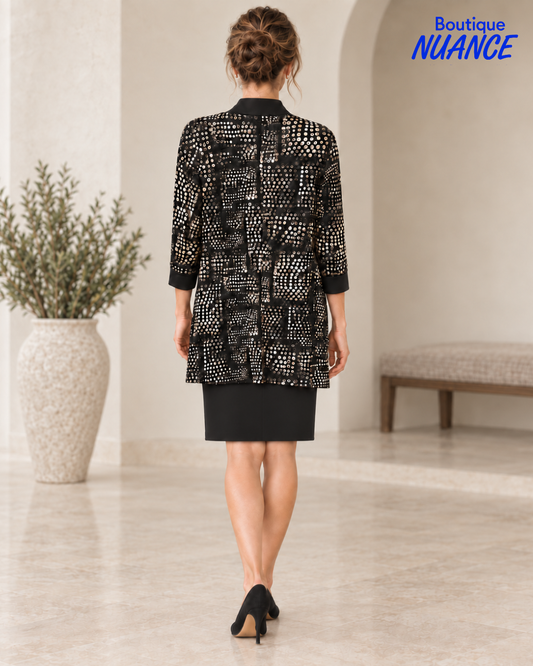 Ensemble robe et veste imprimée graphique à pois – SoftWorks #108212D