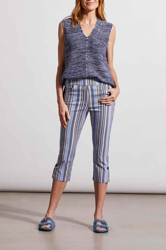 Striped pull-on capri with slit and decorative button at calf by Tribal #1735O 3982