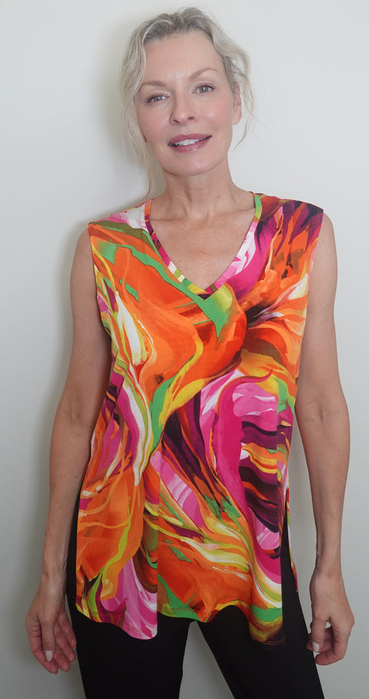 Sleeveless V-neck top with bright abstract patterns by Softworks #202208