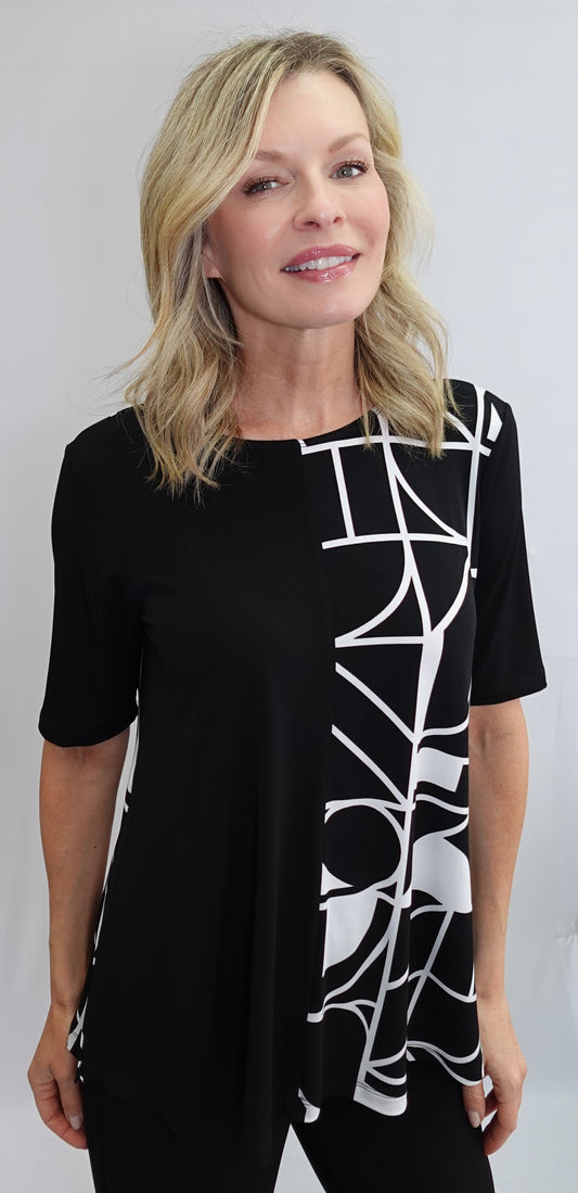 Crew neck tunic with v-neck and button details at back, printed on one half only, by Softworks #202233