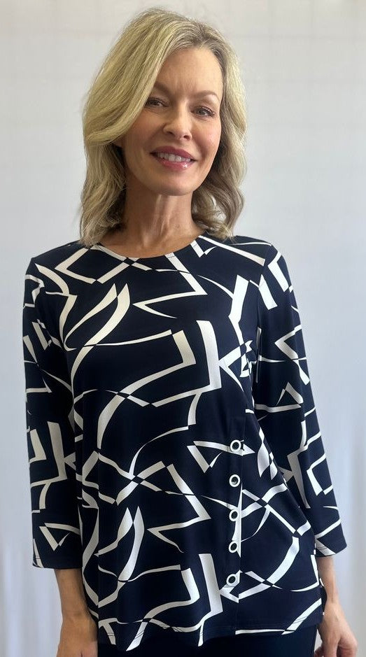 Abstract Print Top with Structured Asymmetric Cut – SoftWorks #202312