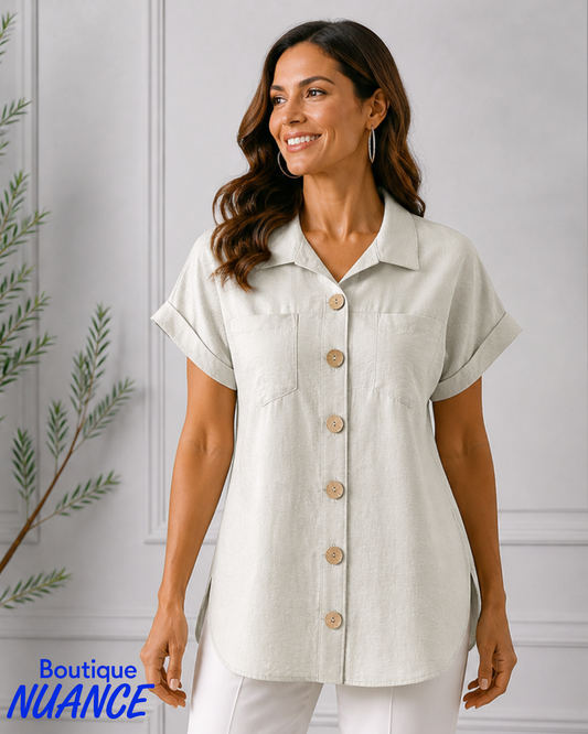Flowy Blouse with Wooden Buttons and Draped Detail – SoftWorks #202408