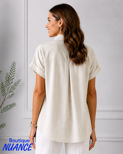 Flowy Blouse with Wooden Buttons and Draped Detail – SoftWorks #202408