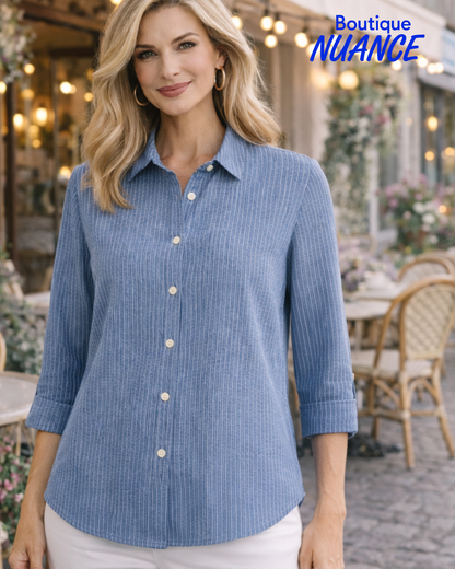 Chemisier rayé chambray à coupe droite et col chemisier – Soft Works #202620