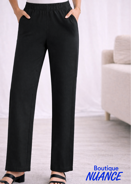 Pantalon noir à taille élastique plissée et coupe droite fluide – Soft Works #205406