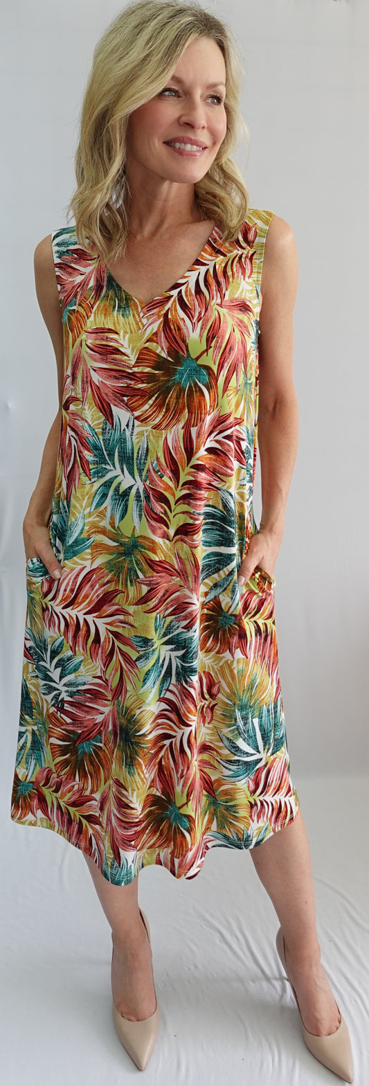 Sleeveless Tropical Print V-Neck Open Back Dress by Softworks #207226