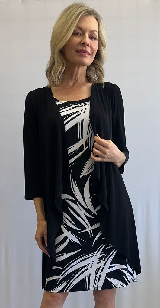 Leaf print straight dress and flowing solid-color jacket set – SoftWorks #208208