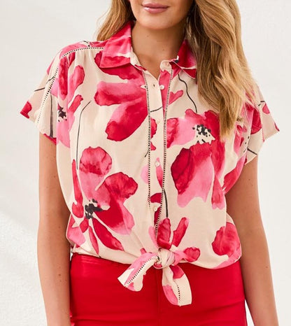 Flowing blouse with vibrant floral print and tie-front – Tribal 2084O-8134