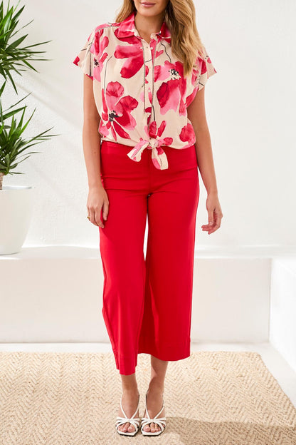 Flowing blouse with vibrant floral print and tie-front – Tribal 2084O-8134