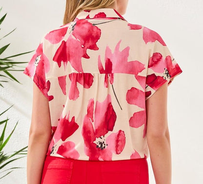 Flowing blouse with vibrant floral print and tie-front – Tribal 2084O-8134